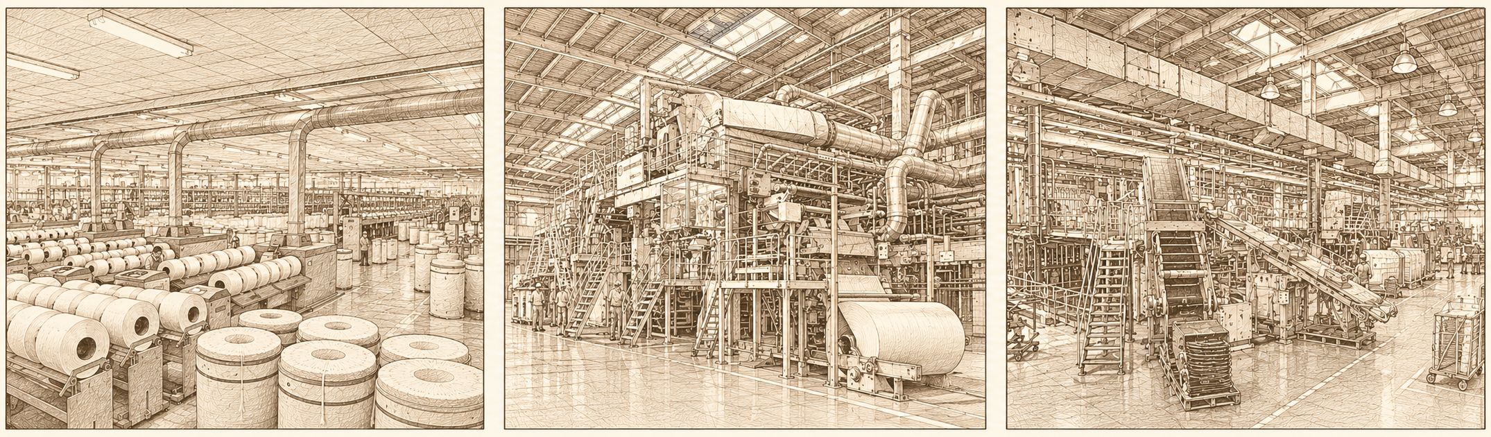 Spinning mill, paper machine, and tyre hall — the same air eingineering discipline in each