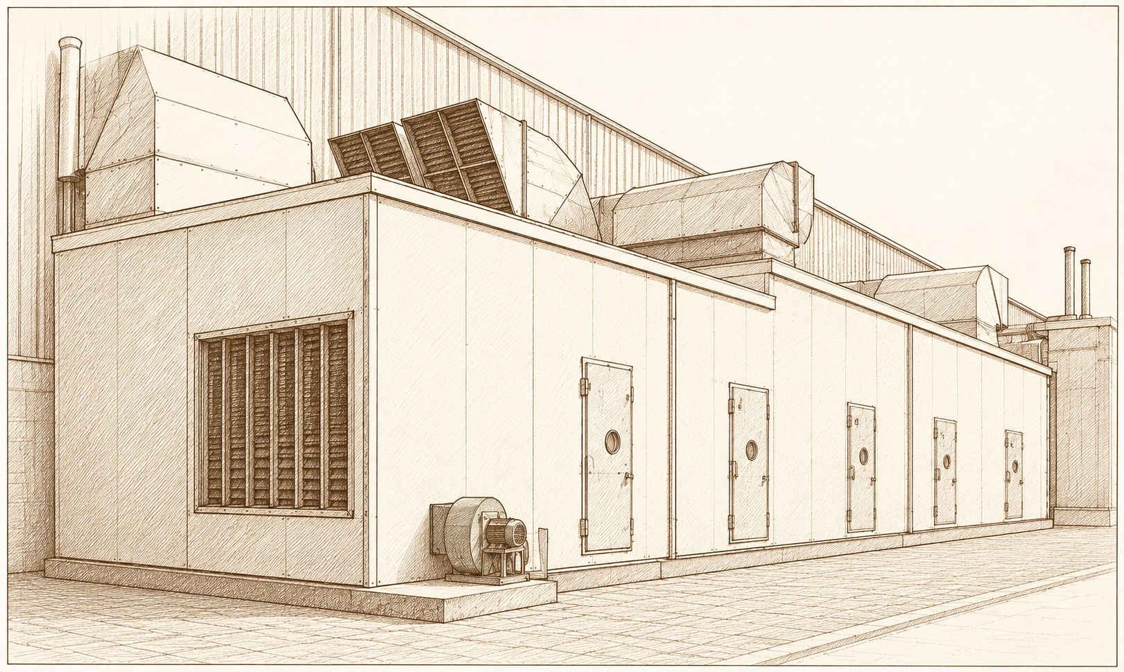 Heavy-duty industrial HVAC equipment — interior and exterior views
