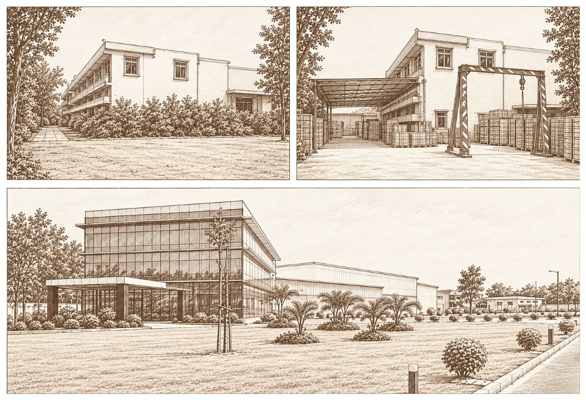 Triptych: legacy operation 2005, working facility 2011, new campus 2015