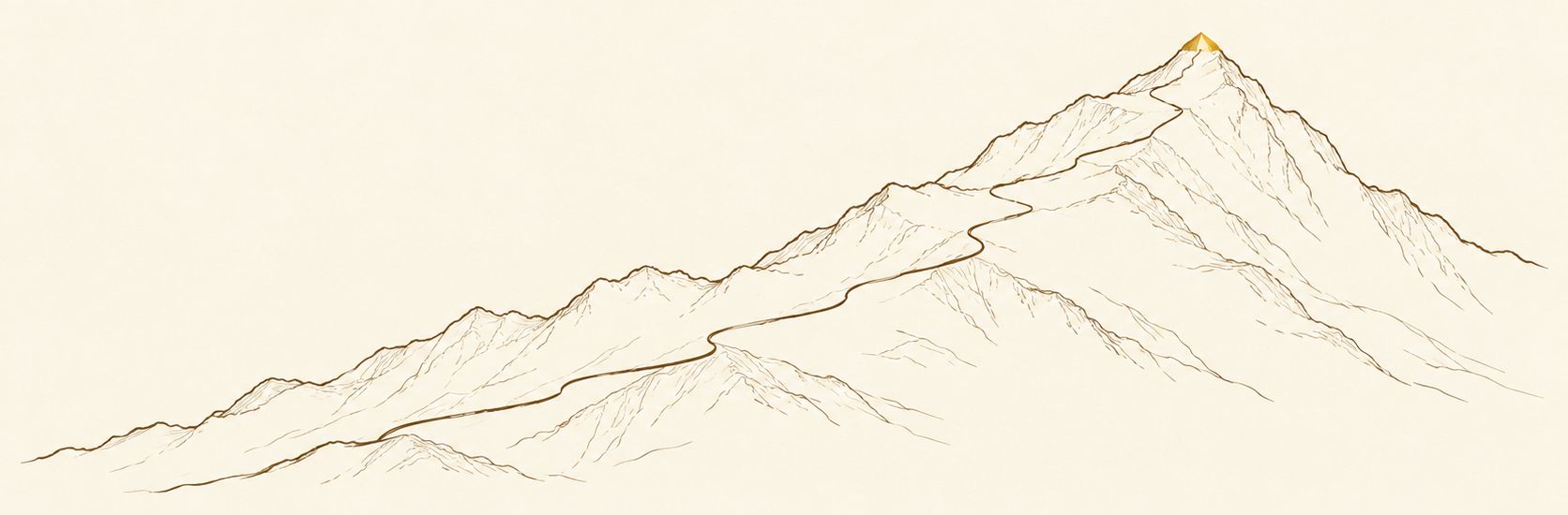 Sepia line drawing of a mountain ridge, a path ascending to a gold-marked apex